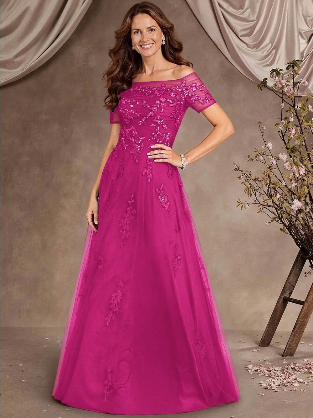 Off-Shoulder Fuchsia Embroidered A-Line Evening Dress